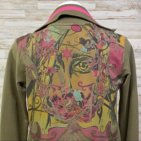 Nuvula Sweatshirt Illustrated Graphic Womens Size M Olive Green Artsy Full Zip - Picture 11 of 16
